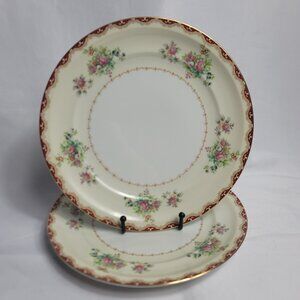 TWO Meito Keepsake Dinner Plates Ivory with Rust & Tan Scroll & Floral Rim